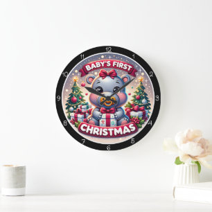 Grande Horloge Ronde Premier Noël d'un bébé adorable avec un hippopotam