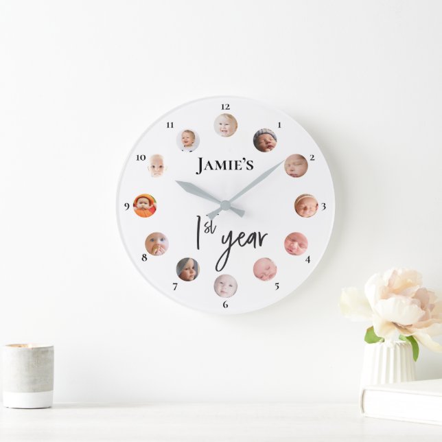 Grande Horloge Ronde Première année du bébé 12 mois photos personnalisé (Maison)