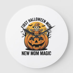 Grande Horloge Ronde Première maman d'Halloween Vintage Pumpkin Bat Shi