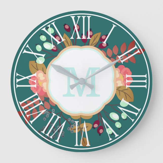 Grande Horloge Ronde Pretty Modern Floral Collage | monogram (Recto)