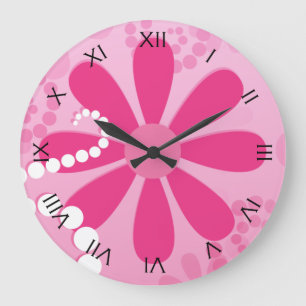 Grande Horloge Ronde Pretty Pink Flowers Cute Retro Daisy Pattern