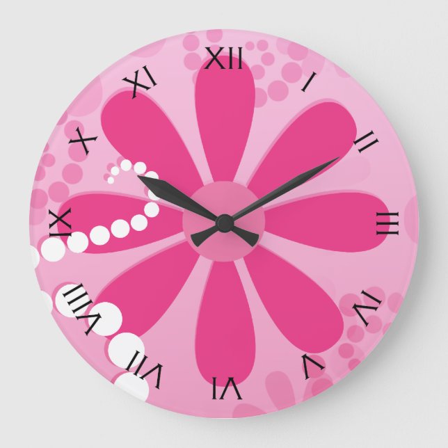 Grande Horloge Ronde Pretty Pink Flowers Cute Retro Daisy Pattern (Recto)