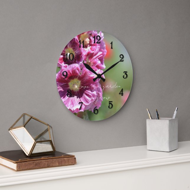 Grande Horloge Ronde Pretty Pink Hollyhock Flowers Photography   (Bureau)