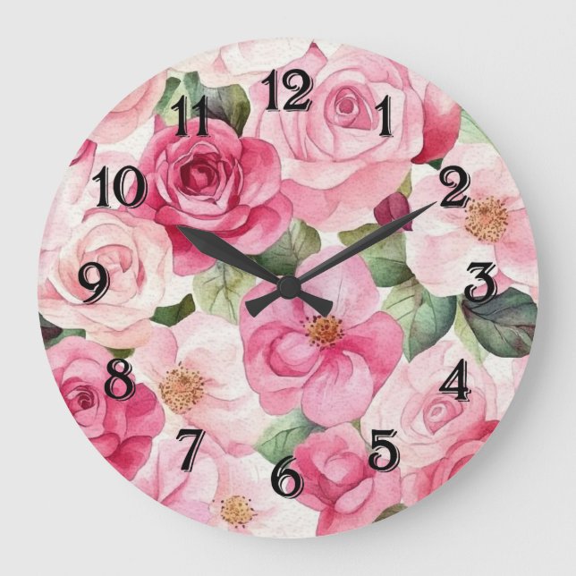 Grande Horloge Ronde Pretty Pink Roses Floral (Recto)