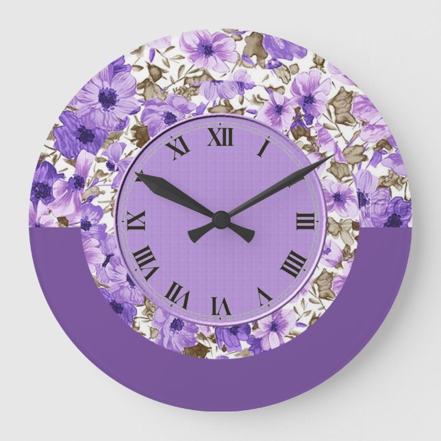 Grande Horloge Ronde Pretty Purple & White Floral Wall Clock 2 (Recto)