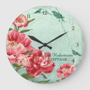 Grande Horloge Ronde Pretty Retro Flower Home Decor Chintz Peony n Bird