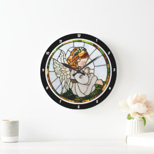 Grande Horloge Ronde Prière Angel's Jardin Verre Tiré Mur Floral
