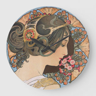 Grande Horloge Ronde Primevère par Mucha - art floral vintage Nouveau