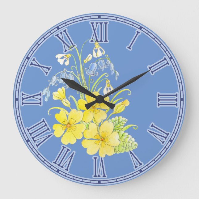 Grande Horloge Ronde Primula, bluebells, snowdrops floral wall clock (Recto)