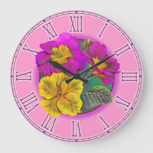 Grande Horloge Ronde Primula purple & yellow fine botanical wall clock
