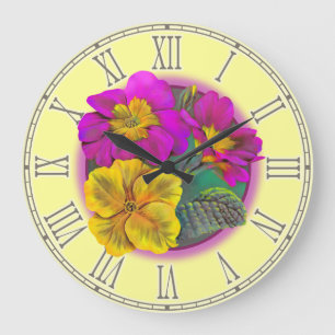 Grande Horloge Ronde Primula yellow purple fine botanical wall clock