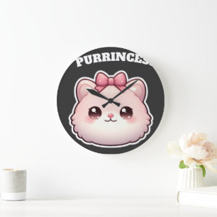 Grande Horloge Ronde Princesse Féline Design Rose Bowbow