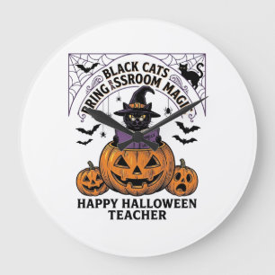 Grande Horloge Ronde Prof Cat Halloween Citrouille Vintage Salle de Cla