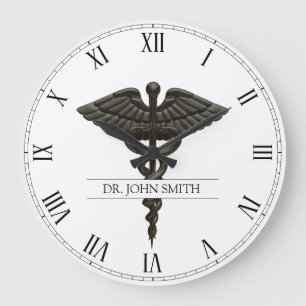 Grande Horloge Ronde Professionnel Simple Médicale Caduceus Noir Blanc