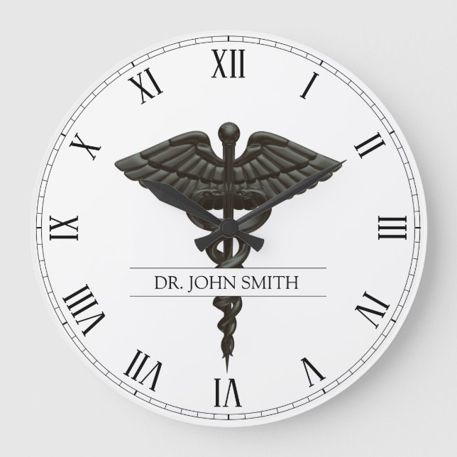 Grande Horloge Ronde Professionnel Simple Médicale Caduceus Noir Blanc (Recto)