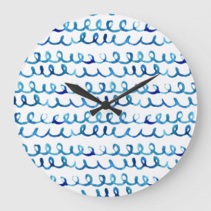 Grande Horloge Ronde Profil onduleux d'aquarelle bleue peinte à la main