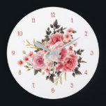 Grande Horloge Ronde Profusion de Rose Vintage rose<br><div class="desc">Superbe profusion de roses et de pois roses et blancs avec le feuillage vert chasseur. La police et la couleur utilisées sur les nombres sont modifiables.</div>