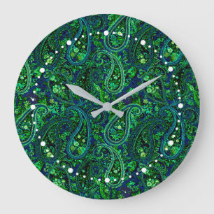 Grande Horloge Ronde Profusion Paisley Vibrant Floral Bleu Vert