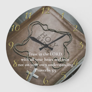 Grande Horloge Ronde Proverbes 3:5 Sainte Bible avec croix