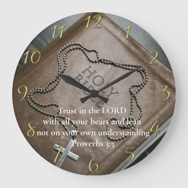 Grande Horloge Ronde Proverbes 3:5 Sainte Bible avec croix (Recto)