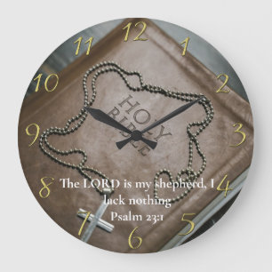 Grande Horloge Ronde Psaume 23:1 Sainte Bible avec croix d'argent dessu