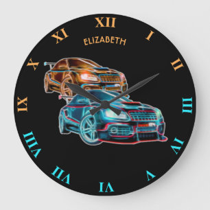Grande Horloge Ronde Psychedelic Futuristic Sport Cars Glowing Neon