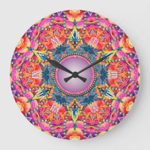 Grande Horloge Ronde Psychédélique Super rose amour Glam Mandala