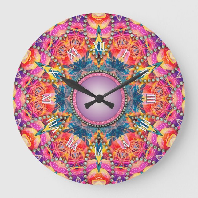 Grande Horloge Ronde Psychédélique Super rose amour Glam Mandala (Recto)
