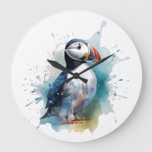 Grande Horloge Ronde Puffin aquarelle adorable
