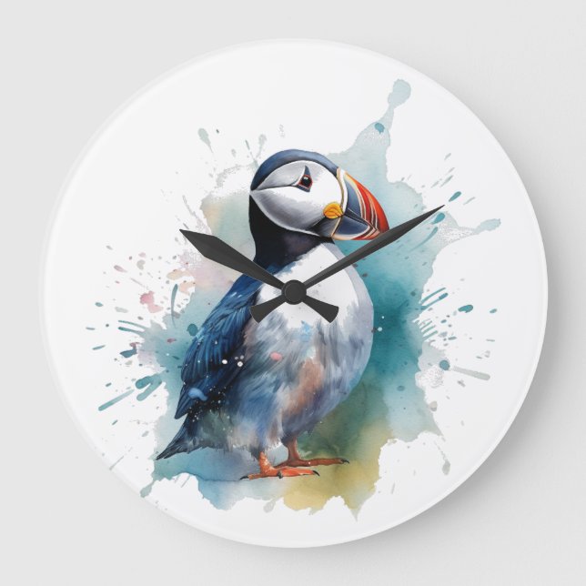 Grande Horloge Ronde Puffin aquarelle adorable (Recto)