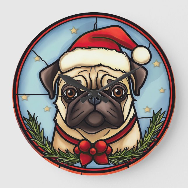 Grande Horloge Ronde Pug Vitrail de Noël (Recto)