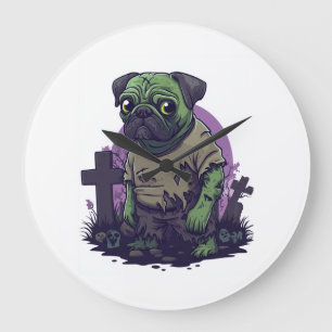 Grande Horloge Ronde Pug zombie � Chien drôle d'Halloween non mort
