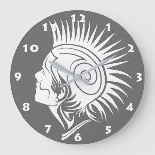 GRANDE HORLOGE RONDE PUNK TRIBAL MODERNE AVEC MOHAWK ET NUMÉROS BLANCS