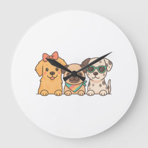 Grande Horloge Ronde Puppy Pals � Trio de chiens mignons dans un style