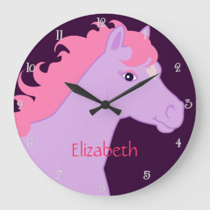 Grande Horloge Ronde Purple and Pink Pony Personalized Wall Clock