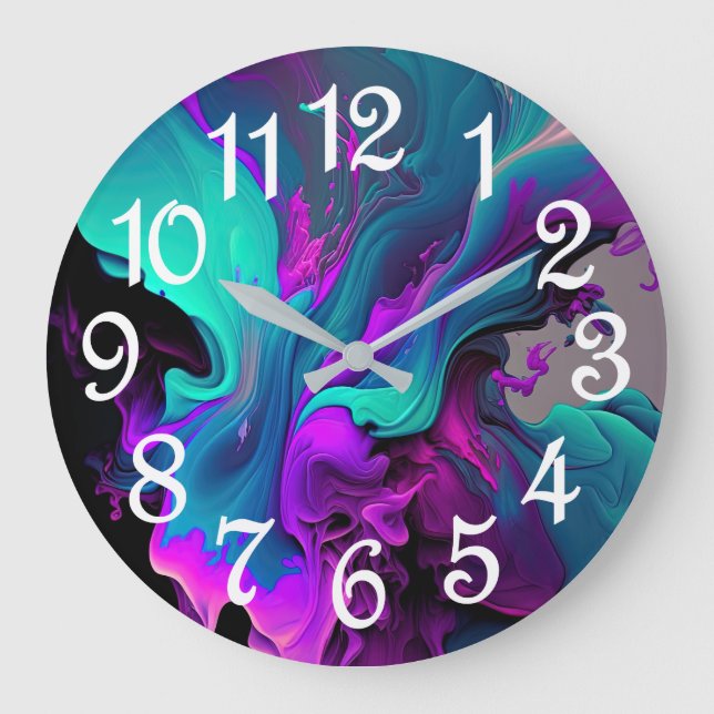 Grande Horloge Ronde Purple Aqua Turquoise Belle Flûte Abstraite (Recto)