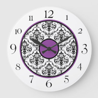 Grande Horloge Ronde Purple Black & White Damask Elegant 10.75" Clock