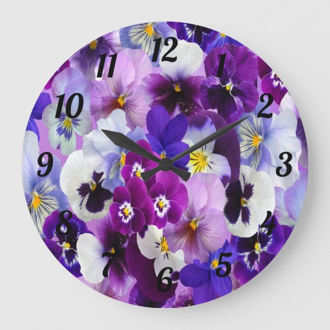 Grande Horloge Ronde Purple Bleu Blanc Floral Fleurs Pansy (Recto)