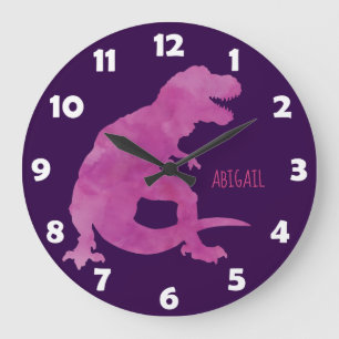 Grande Horloge Ronde Purple Girls Aquarelle Dinosaure Personnalisé Enfa