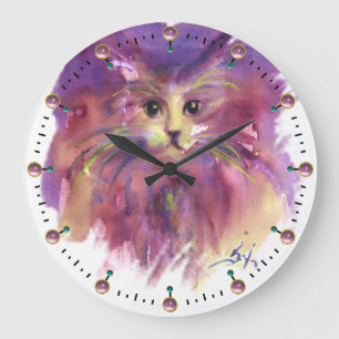 GRANDE HORLOGE RONDE PURPLE KITTEN, CUTE KITTY CAT PORTRAIT DES PEINTUR