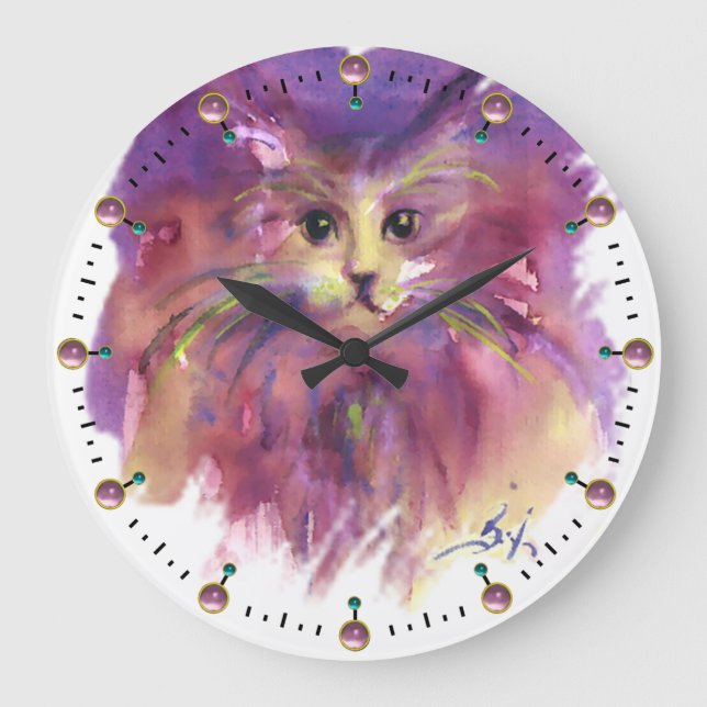GRANDE HORLOGE RONDE PURPLE KITTEN, CUTE KITTY CAT PORTRAIT DES PEINTUR (Recto)