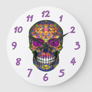 Grande Horloge Ronde Purple Mosaic Sugar Skull Zombie Wall Clock