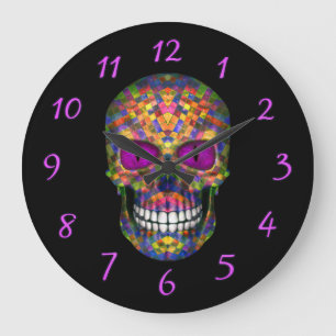 Grande Horloge Ronde Purple Mosaic Sugar Skull Zombie Wall Clocks
