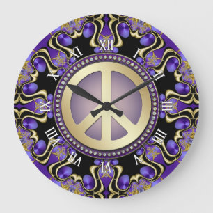 Grande Horloge Ronde Purple PEACE Gold Géométrie royale Mandala