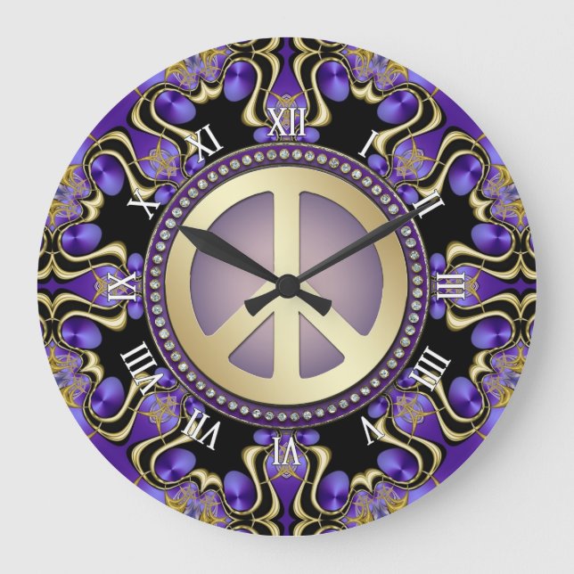 Grande Horloge Ronde Purple PEACE Gold Géométrie royale Mandala (Recto)