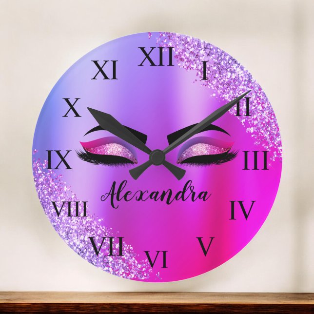Grande Horloge Ronde Purple Pink Monogram Glitter Eyelashes (Créateur téléchargé)