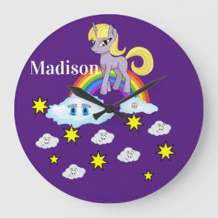 Grande Horloge Ronde Purple Pony Rainbow Happy Clouds Stars Clock