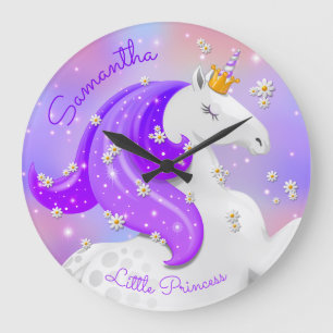Grande Horloge Ronde Purple Princess Unicorn Floral Nursery Kids