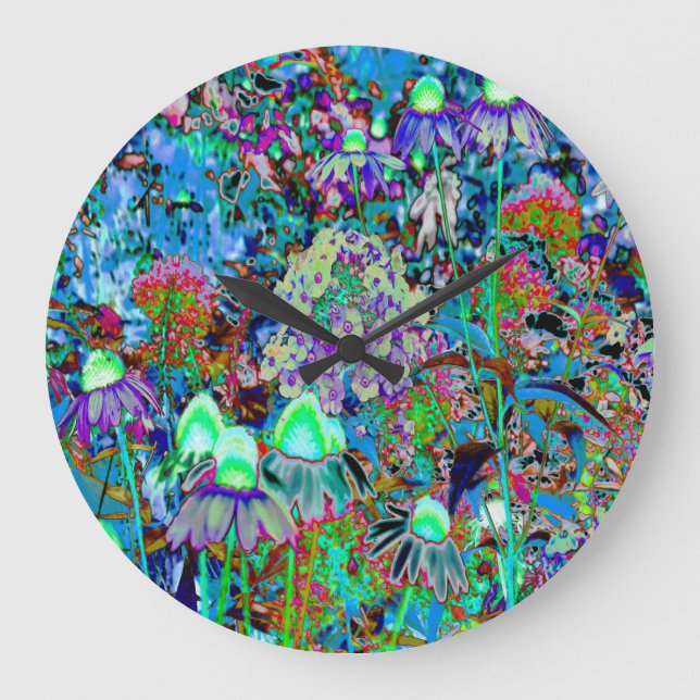 Grande Horloge Ronde Purple psychédélique et fleurs de jardin vert citr (Recto)