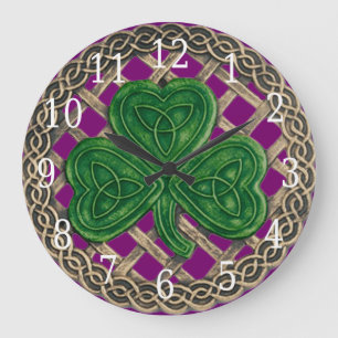 Grande Horloge Ronde Purple shamrock and celtic knots Round Clock